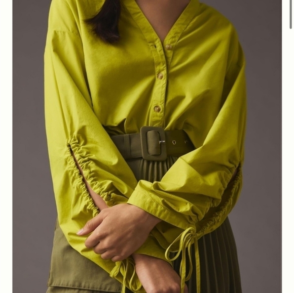 Pilcro Tops - Pilcro Anthropologie Drawstring Chartreuse Poplin Button Blouse Womens XXS